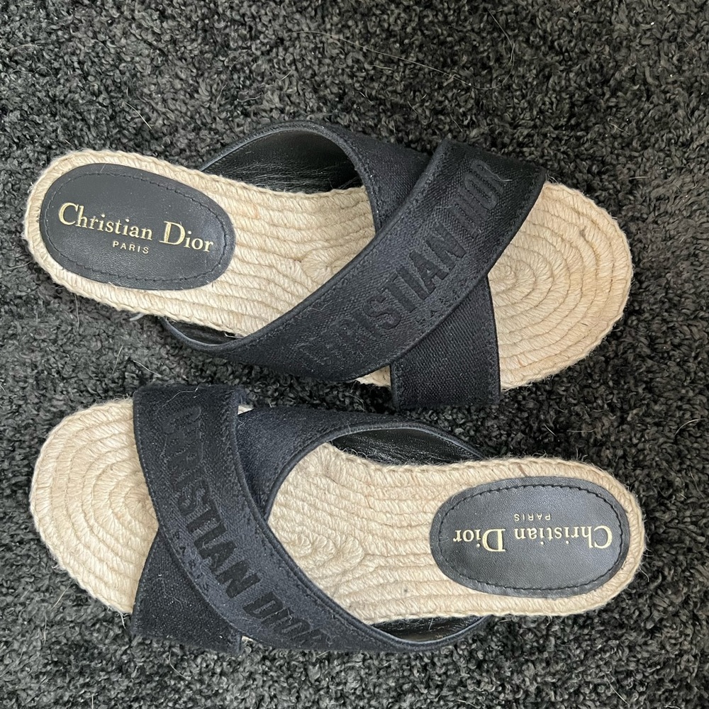 CHRISTIAN DIOR Canvas Embroidered Granville Espadrille Slides black size 36
